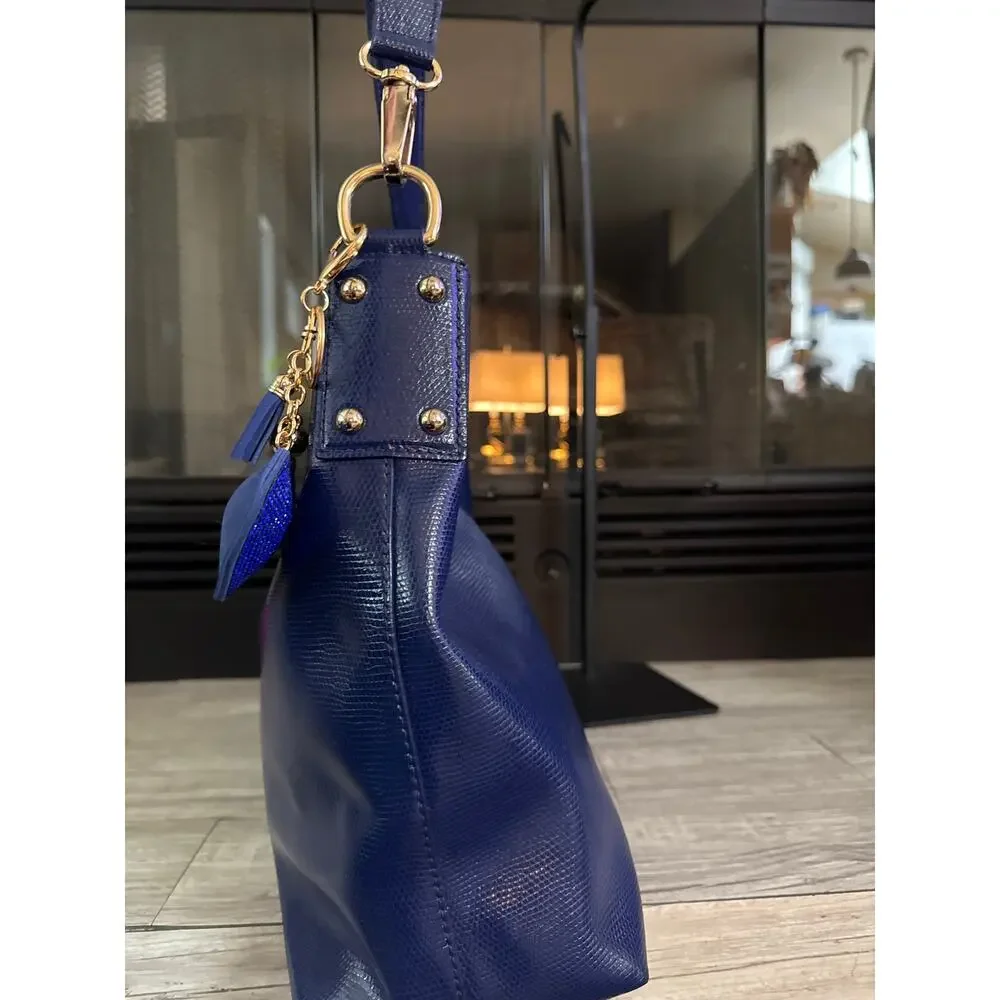 Dooney & Bourke cobalt blue large embossed lizard hobo handbag purse GUC